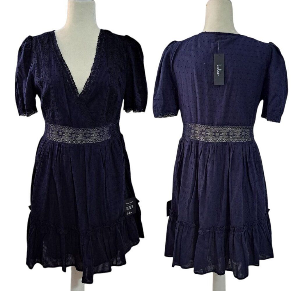 Lulus Poised and Perfect Navy Blue Lace Short Sleeve Mini Dress Sz Large - Picture 3 of 9